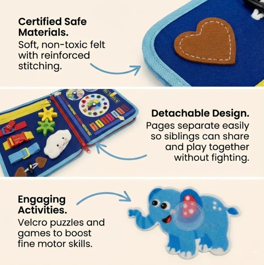 Montessori Activity Board for Toddlers – Sensory Busy Board with Zippers, Buttons & Learning Activities