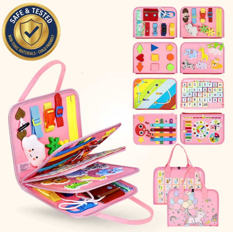 Montessori Activity Board for Toddlers – Sensory Busy Board with Zippers, Buttons & Learning Activities