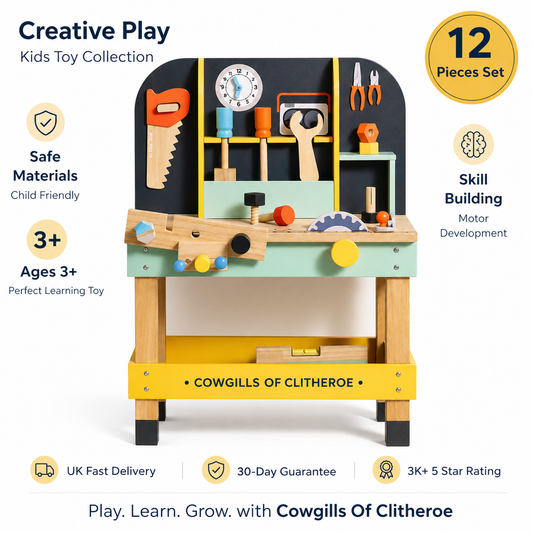 Cowgills Of Clitheroe Wooden Kids Workbench Toy Set – 12 Piece Tool Bench