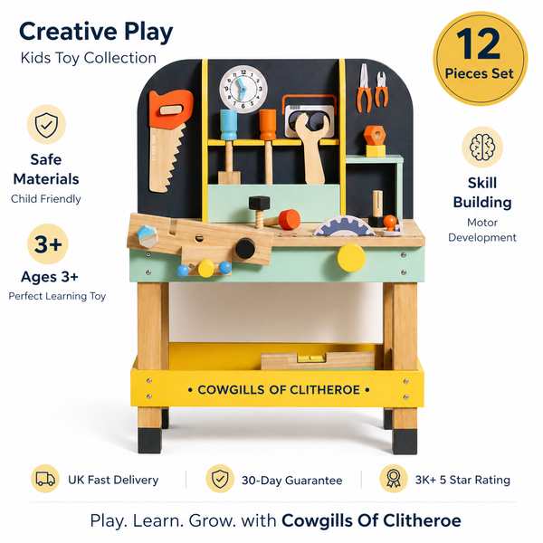 Cowgills Of Clitheroe Wooden Kids Workbench Toy Set – 12 Piece Tool Bench